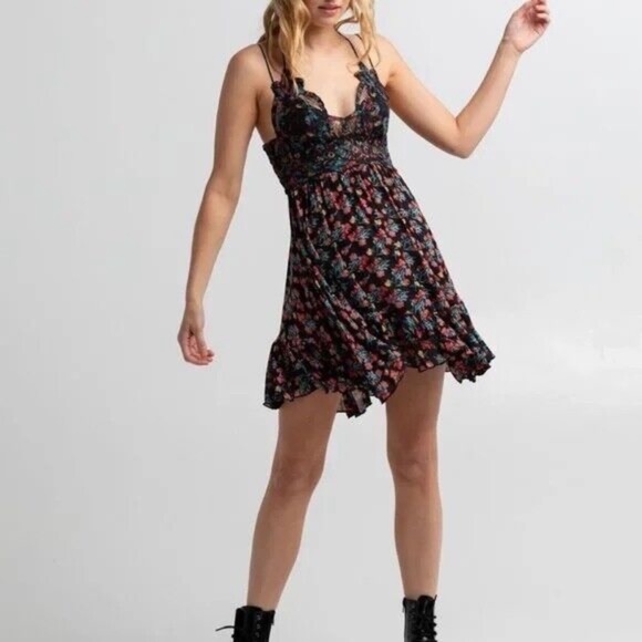 Free People One Intimately Adella Floral Mini Dress Black Combo Size XS - NWT - Picture 1 of 16